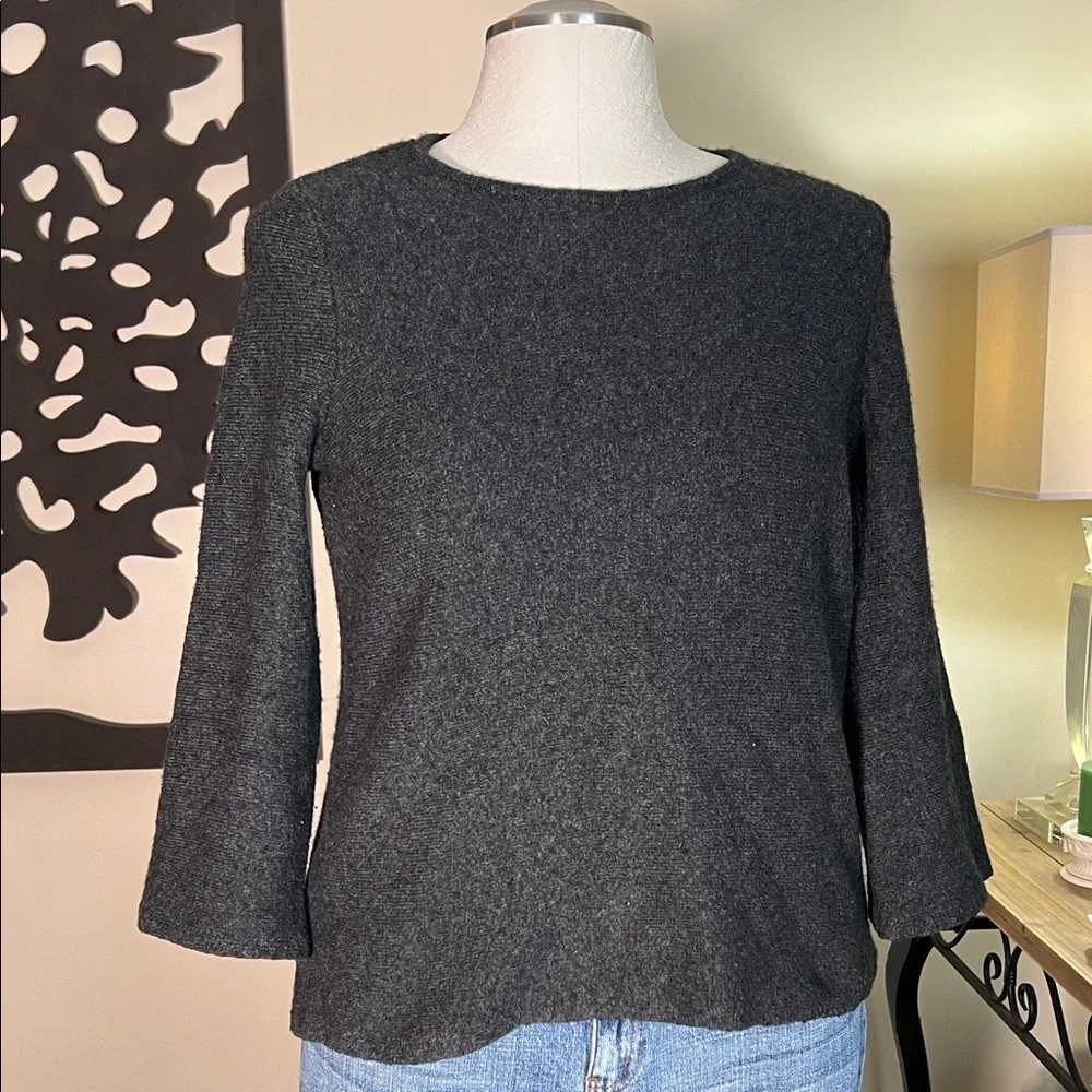 Loft charcoal gray wool blend pullover sweater 3/4 bell sleeves M - Picture 2 of 9